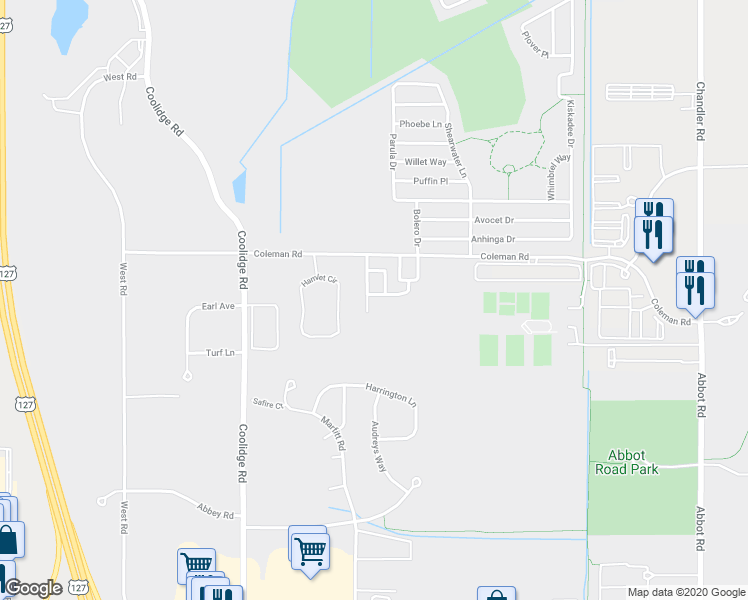 map of restaurants, bars, coffee shops, grocery stores, and more near 3311 Wharton Street in East Lansing