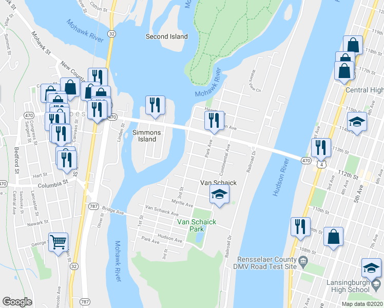 map of restaurants, bars, coffee shops, grocery stores, and more near 97 Rensselaer Avenue in Cohoes