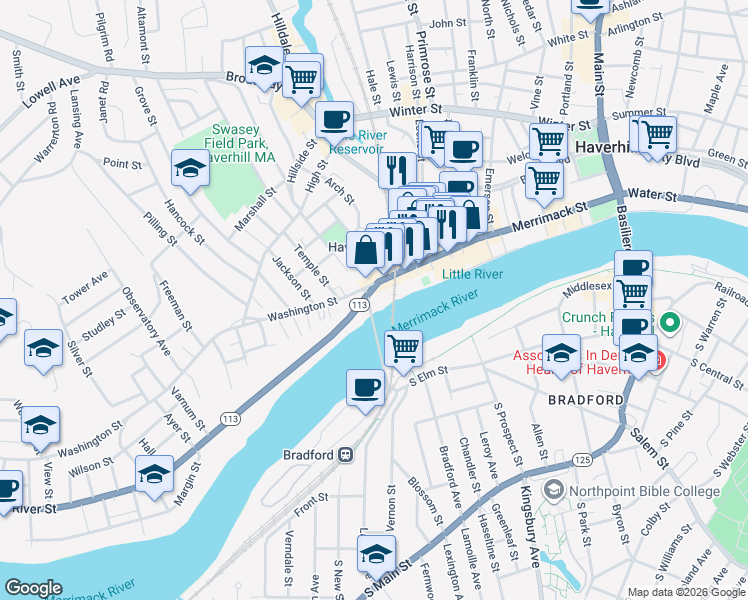map of restaurants, bars, coffee shops, grocery stores, and more near 170 Washington Street in Haverhill