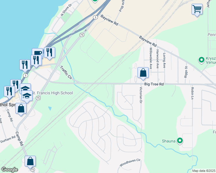 map of restaurants, bars, coffee shops, grocery stores, and more near 3581 Big Tree Road in Hamburg