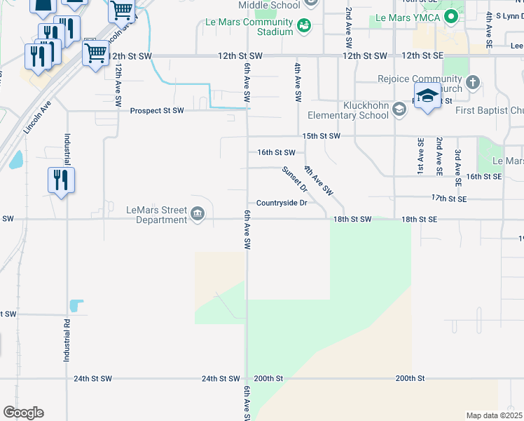 map of restaurants, bars, coffee shops, grocery stores, and more near 530 Countryside Drive in Le Mars