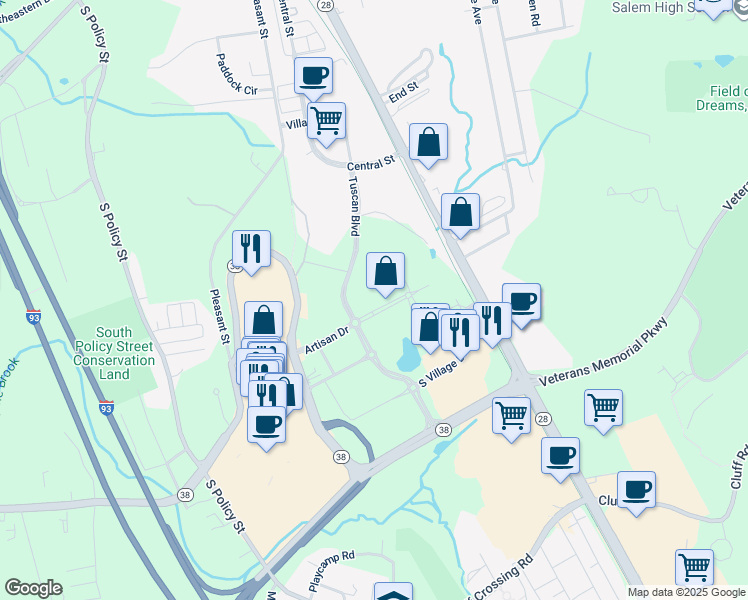 map of restaurants, bars, coffee shops, grocery stores, and more near Mall Road in Salem