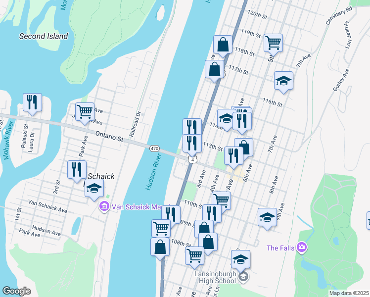 map of restaurants, bars, coffee shops, grocery stores, and more near 501 1st Avenue in Troy