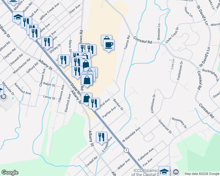 map of restaurants, bars, coffee shops, grocery stores, and more near 3614 Jewett Street in Schenectady