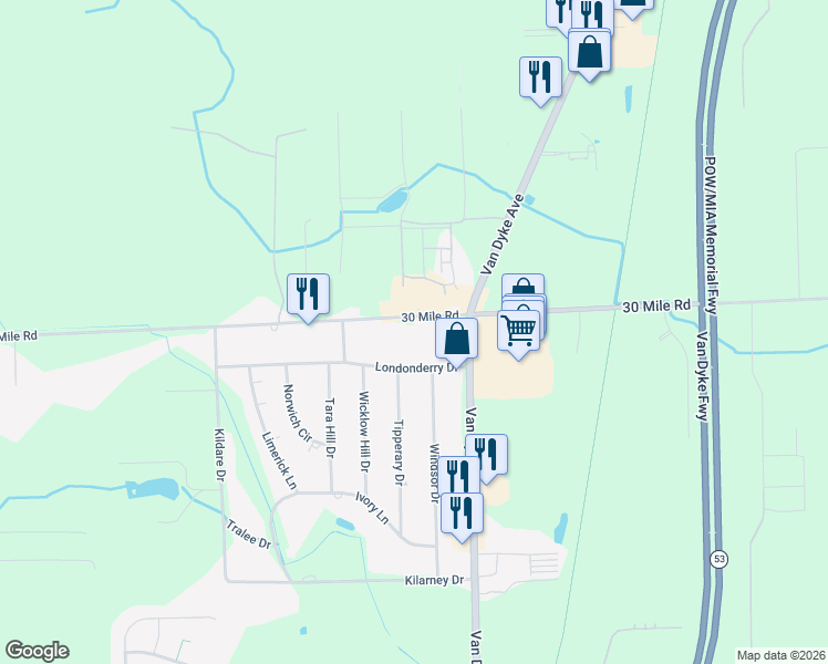 map of restaurants, bars, coffee shops, grocery stores, and more near 11448 30 Mile Rd in Washington