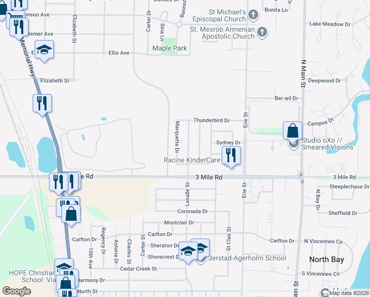 map of restaurants, bars, coffee shops, grocery stores, and more near 4132 Lasalle Street in Racine