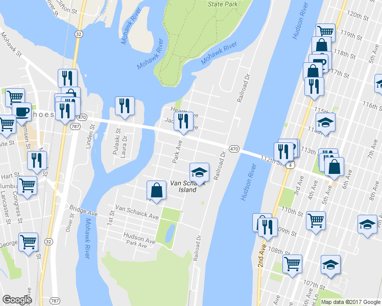 map of restaurants, bars, coffee shops, grocery stores, and more near in Cohoes