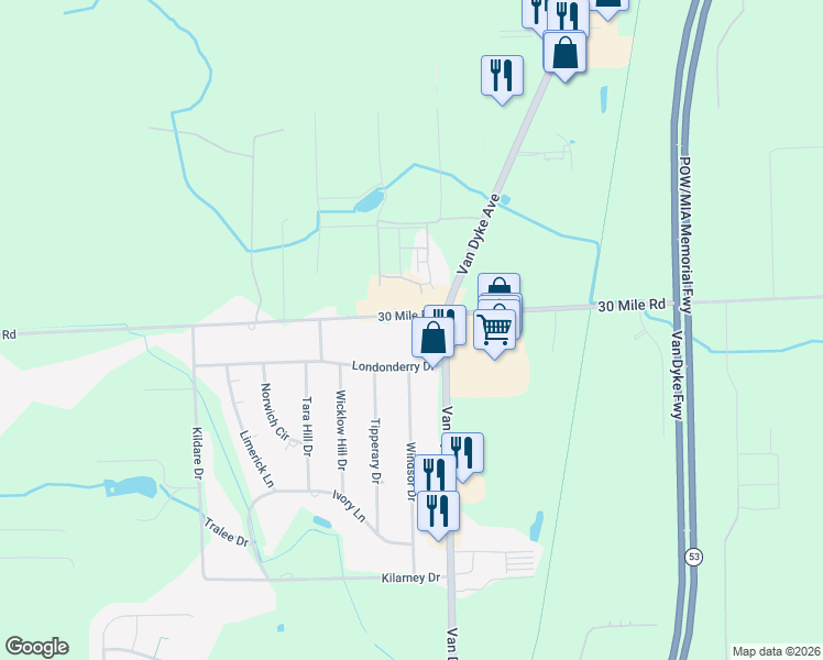 map of restaurants, bars, coffee shops, grocery stores, and more near 11448 30 Mile Road in Washington