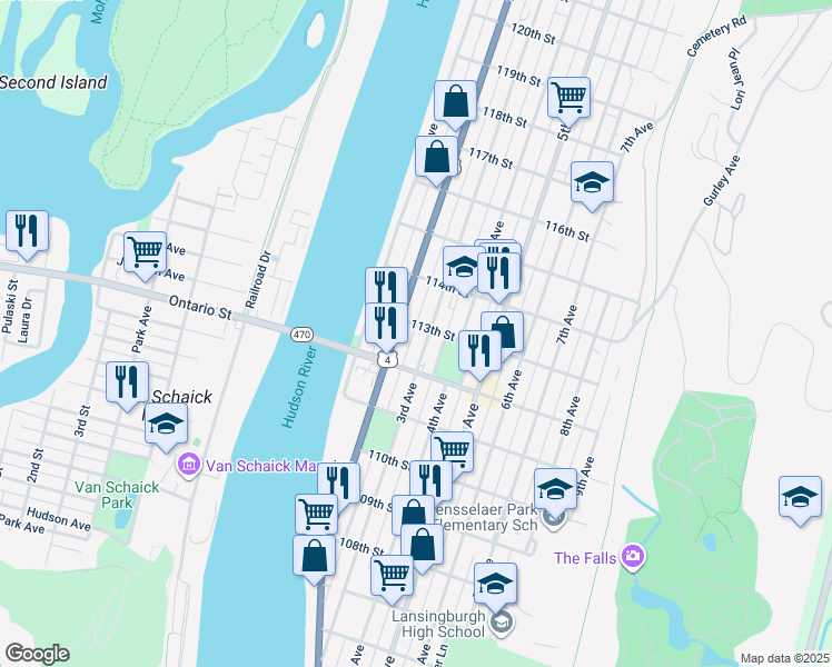 map of restaurants, bars, coffee shops, grocery stores, and more near 12-14 113th Street in Troy