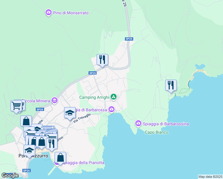 map of restaurants, bars, coffee shops, grocery stores, and more near 9 Via Barbarossa in Provincia di Livorno