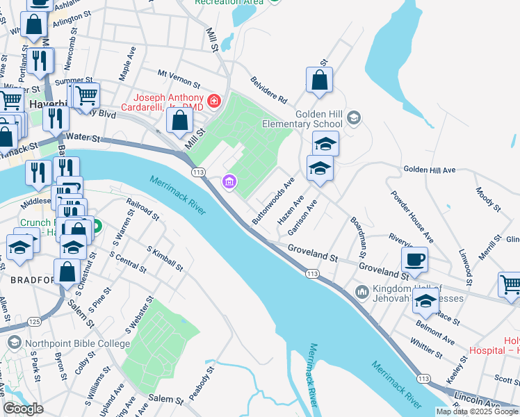 map of restaurants, bars, coffee shops, grocery stores, and more near in Haverhill