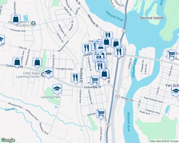 map of restaurants, bars, coffee shops, grocery stores, and more near 39 White Street in Cohoes