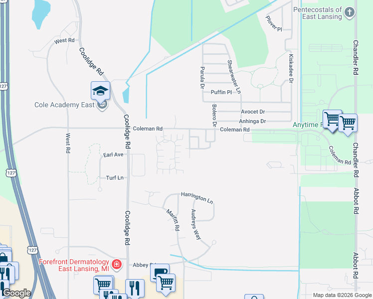 map of restaurants, bars, coffee shops, grocery stores, and more near 3400 Wharton Street in East Lansing
