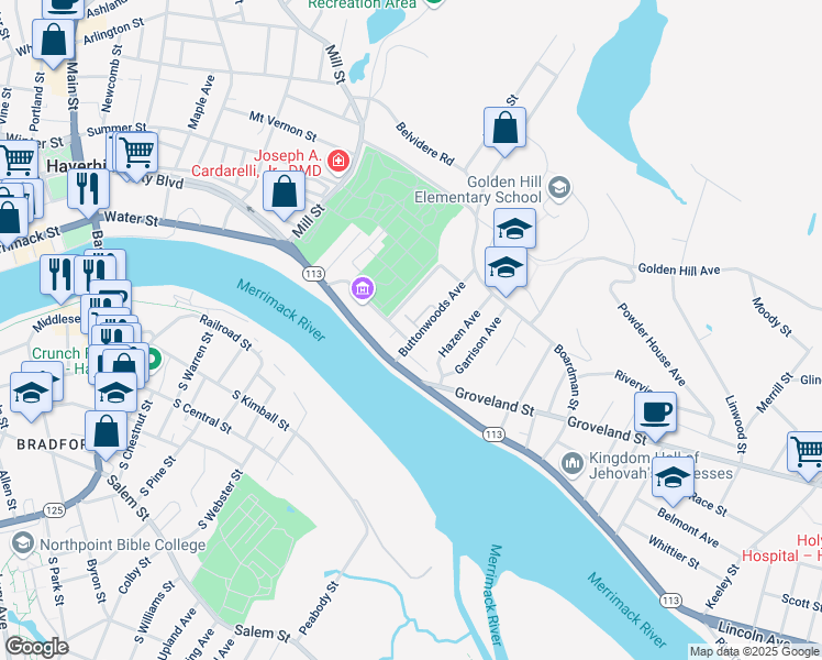 map of restaurants, bars, coffee shops, grocery stores, and more near in Haverhill