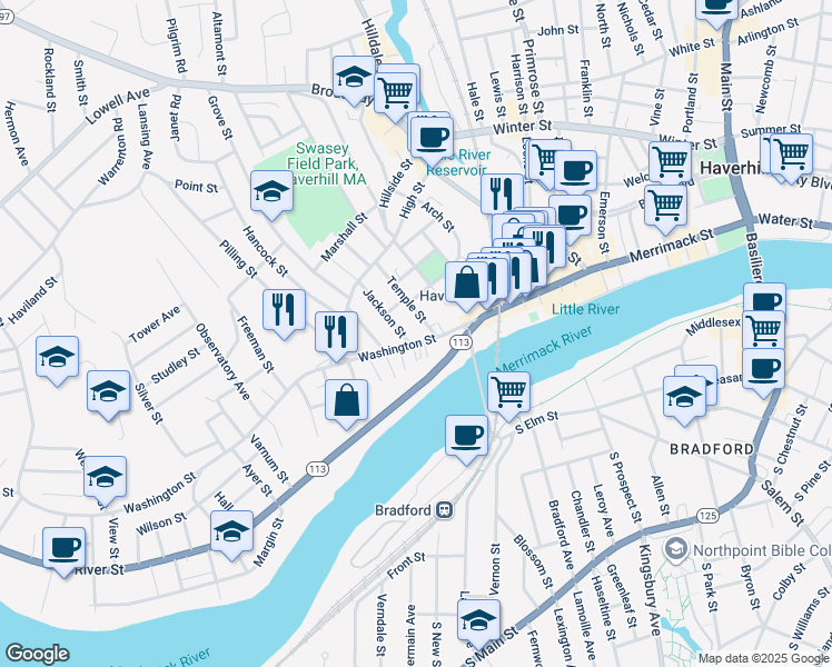 map of restaurants, bars, coffee shops, grocery stores, and more near 28 Temple Street in Haverhill