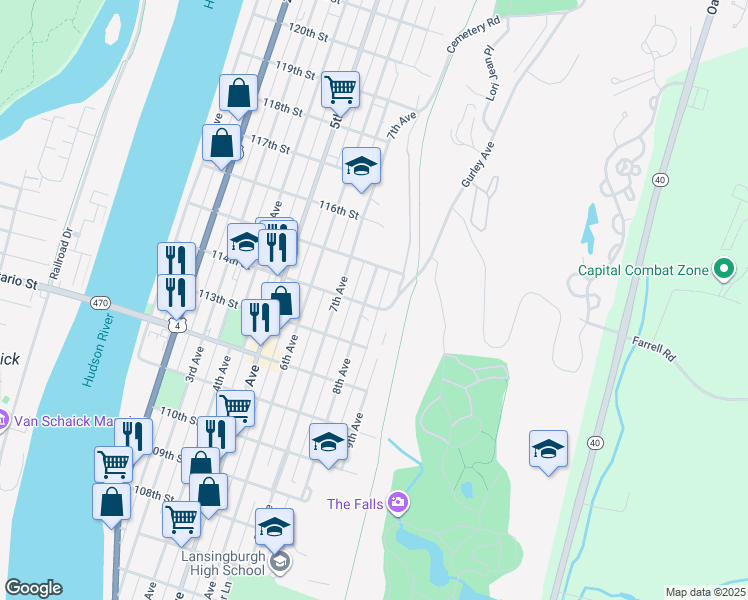map of restaurants, bars, coffee shops, grocery stores, and more near 549 8th Avenue in Troy