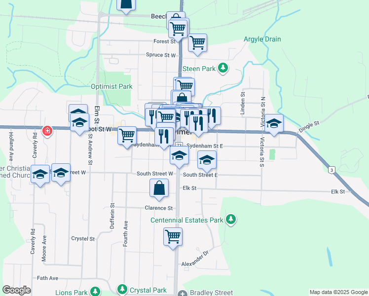 map of restaurants, bars, coffee shops, grocery stores, and more near 17 Talbot Street East in Aylmer