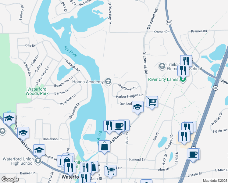 map of restaurants, bars, coffee shops, grocery stores, and more near 406 Harbor Heights Drive in Waterford