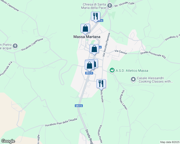 map of restaurants, bars, coffee shops, grocery stores, and more near 64 Via Roma in Massa Martana