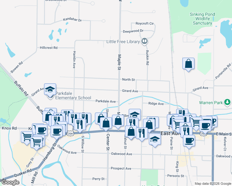 map of restaurants, bars, coffee shops, grocery stores, and more near in East Aurora