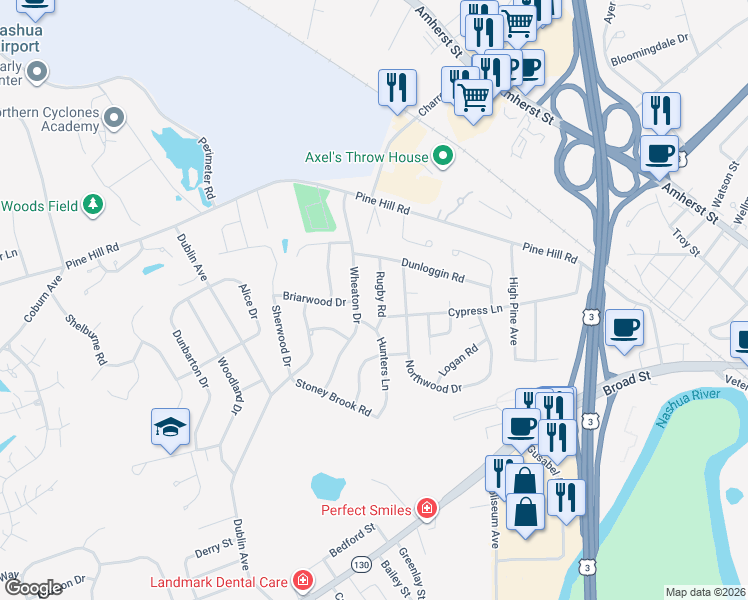 map of restaurants, bars, coffee shops, grocery stores, and more near 6 Rugby Road in Nashua