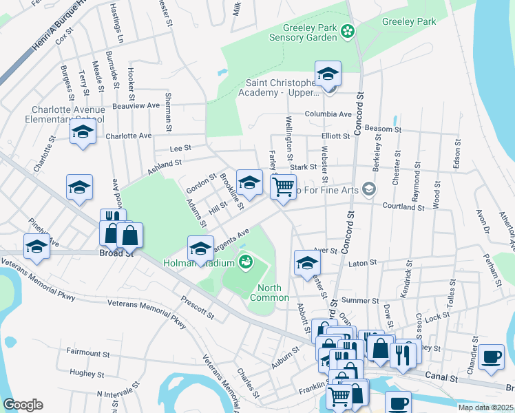 map of restaurants, bars, coffee shops, grocery stores, and more near 8 Cushing Avenue in Nashua