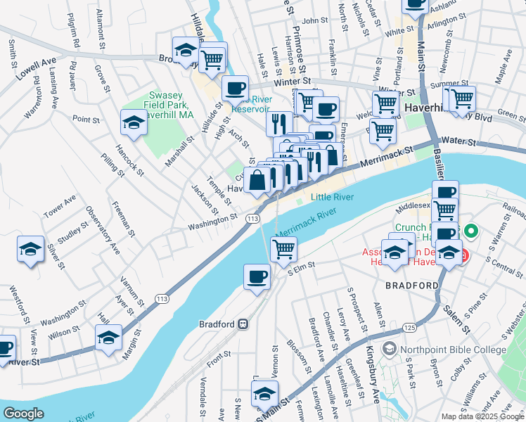 map of restaurants, bars, coffee shops, grocery stores, and more near 135 Washington Street in Haverhill