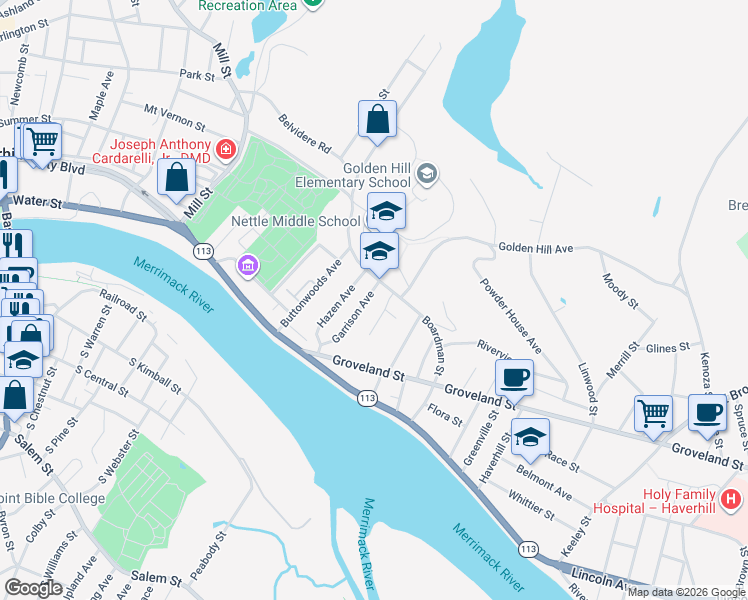 map of restaurants, bars, coffee shops, grocery stores, and more near 163 Boardman Street in Haverhill