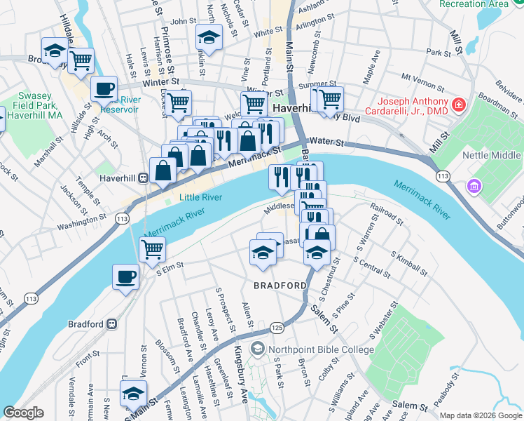 map of restaurants, bars, coffee shops, grocery stores, and more near 51 Middlesex Street in Haverhill