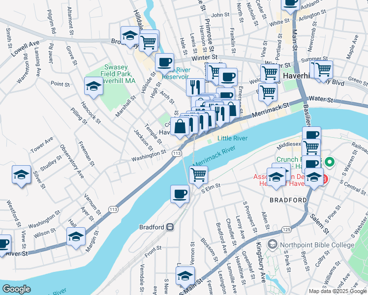 map of restaurants, bars, coffee shops, grocery stores, and more near 135 Washington Street in Haverhill