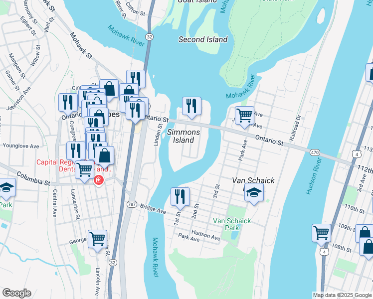 map of restaurants, bars, coffee shops, grocery stores, and more near 73 Pulaski Street in Cohoes