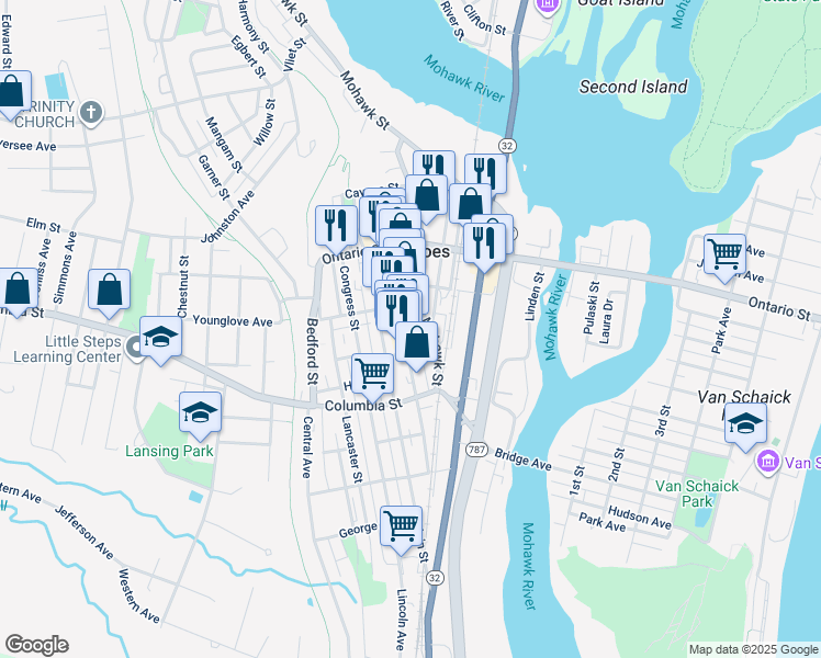 map of restaurants, bars, coffee shops, grocery stores, and more near 180 Remsen Street in Cohoes