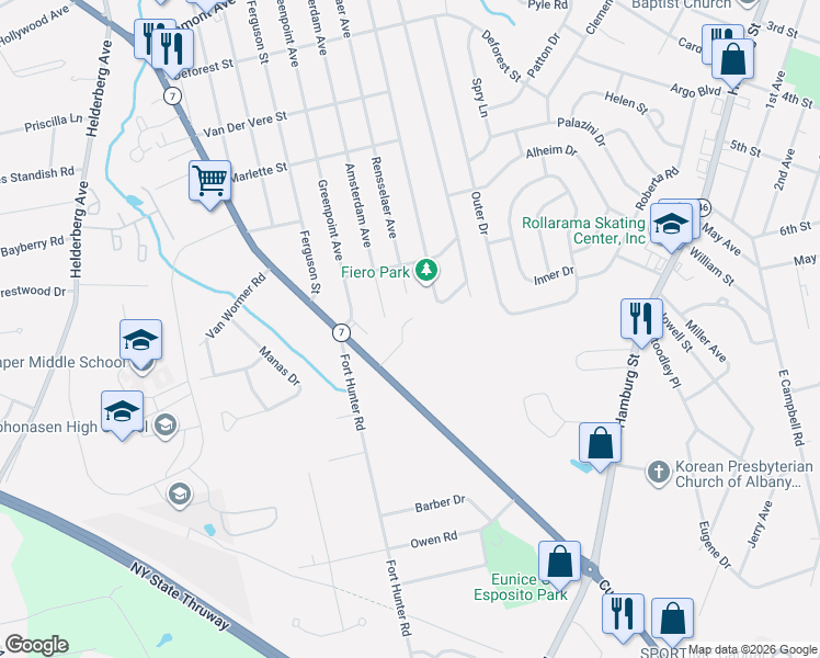 map of restaurants, bars, coffee shops, grocery stores, and more near 1009 Kingswood Court in Schenectady
