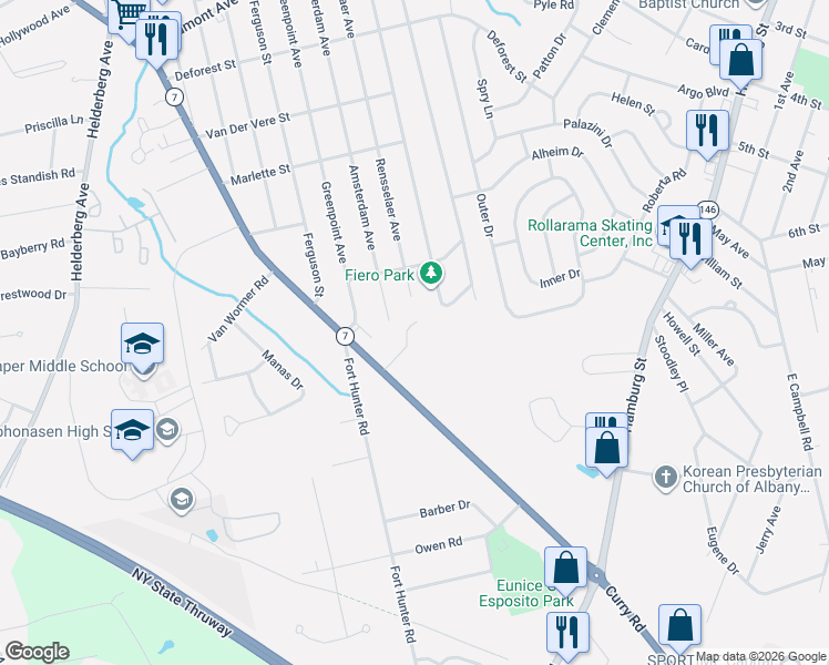 map of restaurants, bars, coffee shops, grocery stores, and more near 1009 Kingswood Court in Schenectady