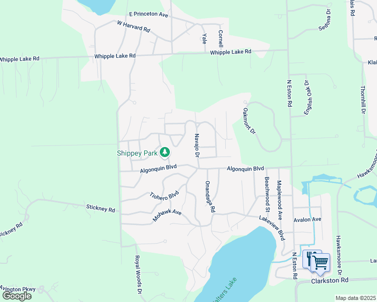 map of restaurants, bars, coffee shops, grocery stores, and more near 9225 Thendara Boulevard in Clarkston