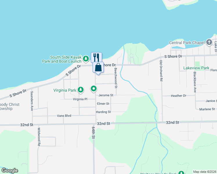 map of restaurants, bars, coffee shops, grocery stores, and more near 1605 Woodlawn Avenue in Holland