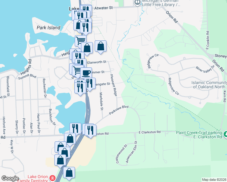 map of restaurants, bars, coffee shops, grocery stores, and more near 734 Pleasant Ridge in Orion charter Township