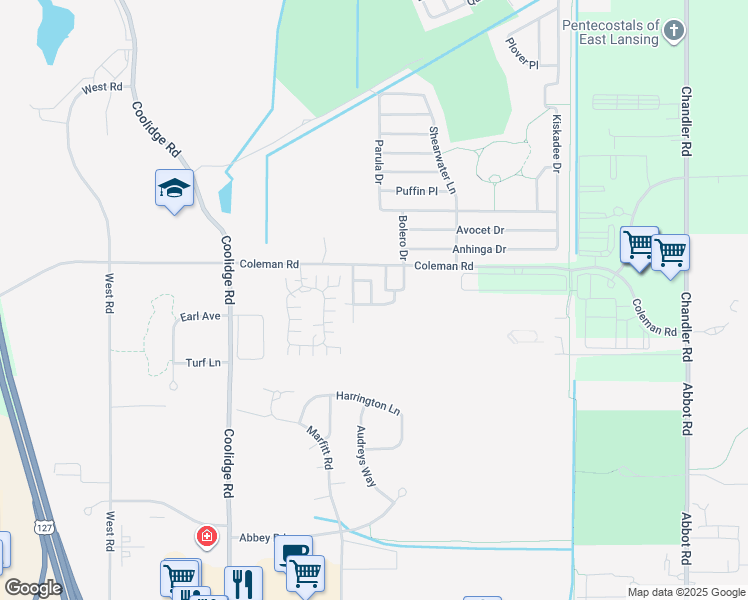 map of restaurants, bars, coffee shops, grocery stores, and more near 3400 Beaumont Park Drive in East Lansing