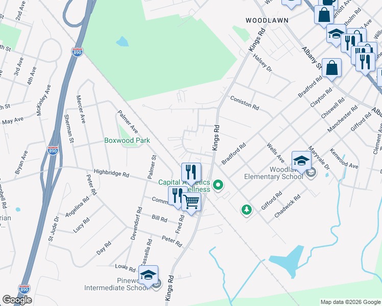 map of restaurants, bars, coffee shops, grocery stores, and more near Court Royale in Schenectady
