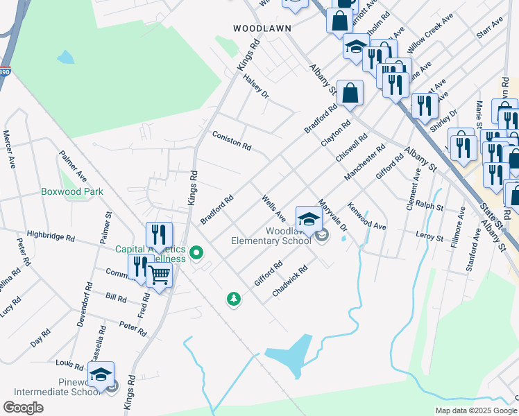 map of restaurants, bars, coffee shops, grocery stores, and more near 358 Clayton Road in Schenectady