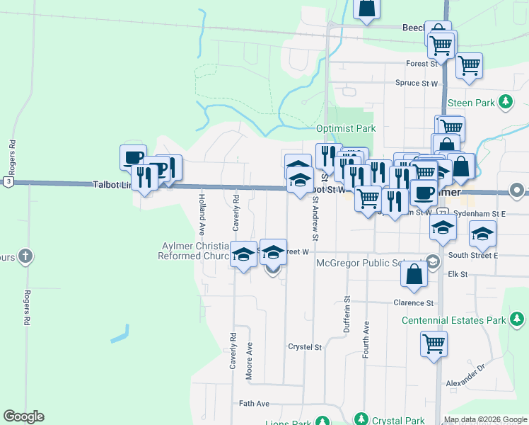 map of restaurants, bars, coffee shops, grocery stores, and more near 16 Park Street in Aylmer