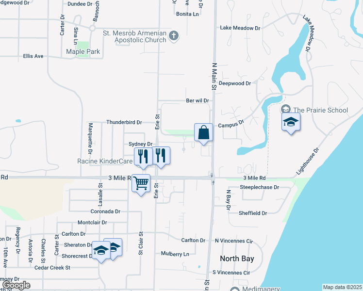 map of restaurants, bars, coffee shops, grocery stores, and more near 500 Shelbourne Court in Racine