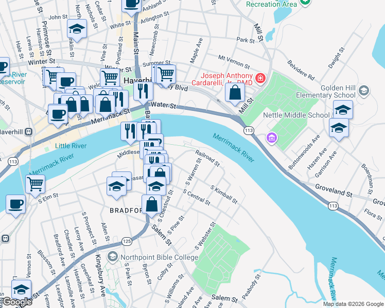 map of restaurants, bars, coffee shops, grocery stores, and more near South River Street in Haverhill