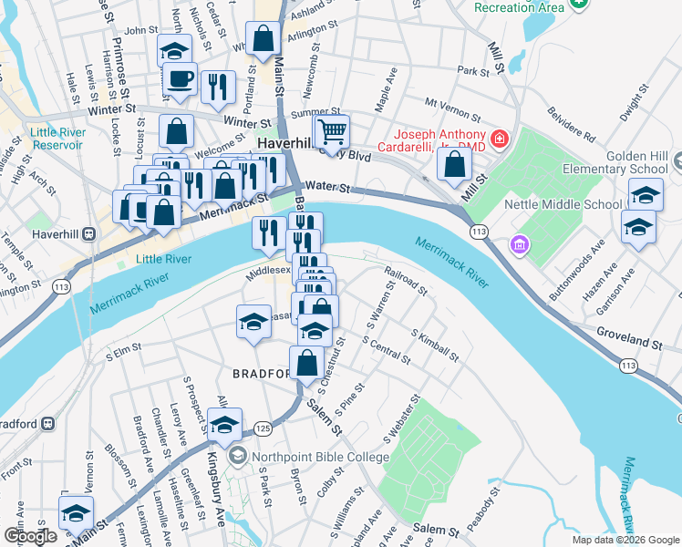 map of restaurants, bars, coffee shops, grocery stores, and more near 8 South Main Street in Haverhill