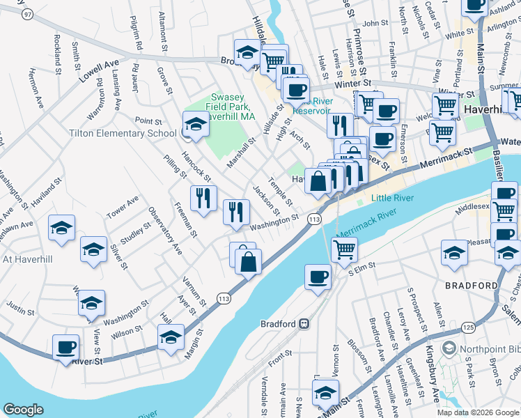 map of restaurants, bars, coffee shops, grocery stores, and more near 30 Jackson Street in Haverhill