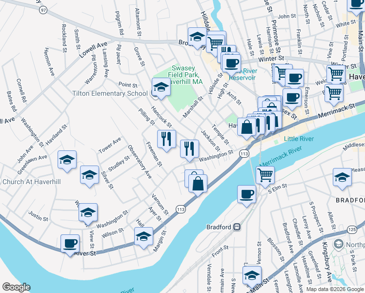 map of restaurants, bars, coffee shops, grocery stores, and more near 2 Hancock Street in Haverhill