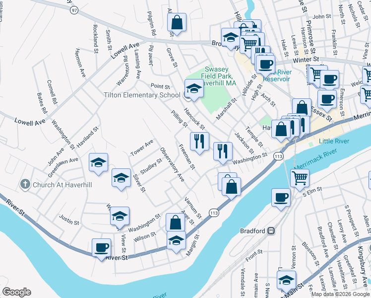 map of restaurants, bars, coffee shops, grocery stores, and more near 51 Freeman Street in Haverhill