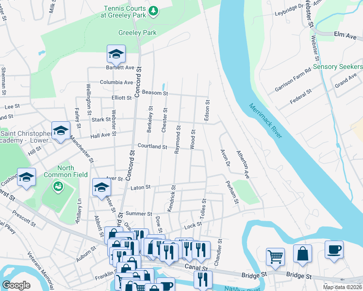 map of restaurants, bars, coffee shops, grocery stores, and more near 29 1/2 Raymond Street in Nashua
