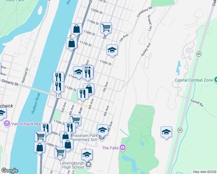 map of restaurants, bars, coffee shops, grocery stores, and more near 549 8th Avenue in Troy