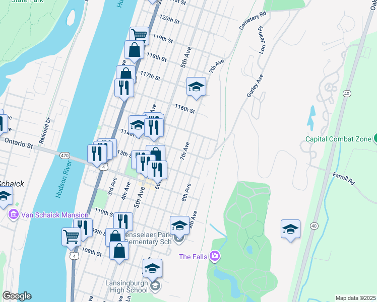 map of restaurants, bars, coffee shops, grocery stores, and more near 549 8th Avenue in Troy